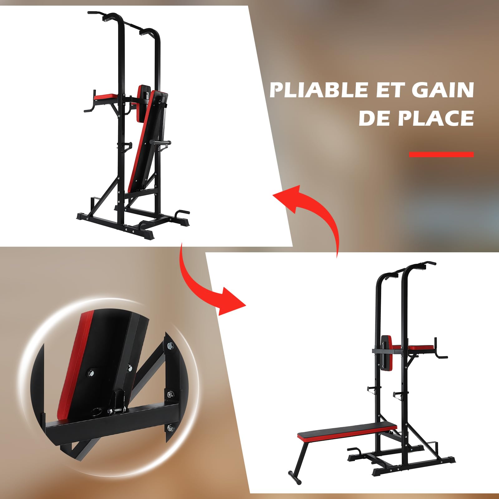 ISE Chaise Romaine Multifonction Barre de Traction Station avec Banc de Musculation pour Dips, Pompes, Développé-Couchés, Station Musculation, Chaises Romaine Complet Rouge/Noir 107x66x224CM