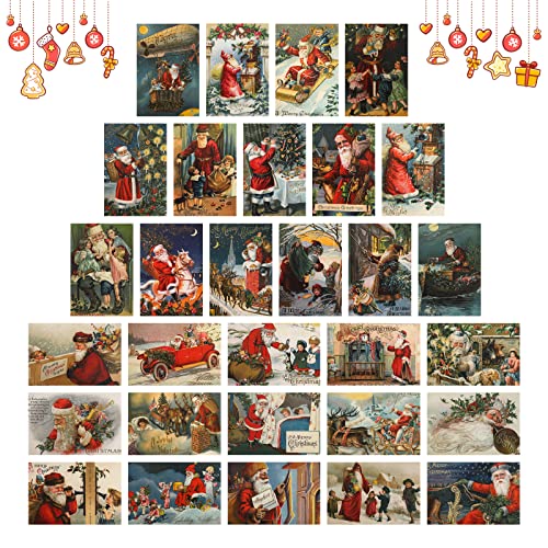 30pcs Christmas card postcard Christmas Greeting Cards, Vintage Christmas Postcards Xmas Greetings Cards Vintage Winter Christmas Santa Claus Antique Postcard Set Greeting Cards Gift Message Card