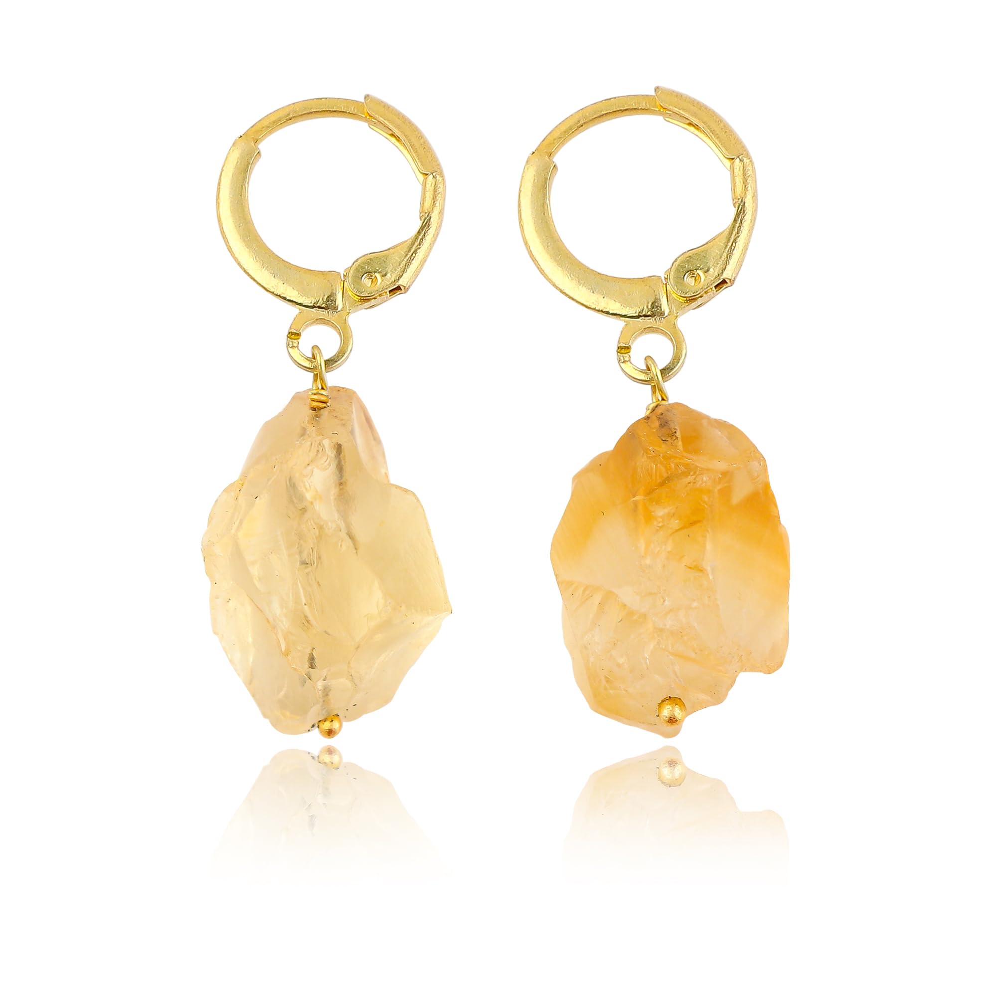 Raw Citrine Gemstone Hoop Earrings – Natural Crystal Stone Dangle Earrings for Women – Hypoallergenic Gold Plated Small Hoops – Handmade Lightweight Statement Jewelry (Citrine)