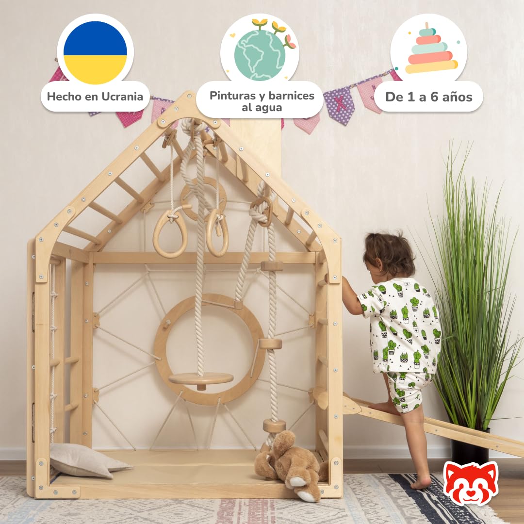 Woodandhearts Gimnasio Montessori de Madera para Bebés – Parque Infantil con Tobogán, Columpio, Rampa, Escalera y Rocódromo – Juego de Escalada y Centro de Actividades Montessori