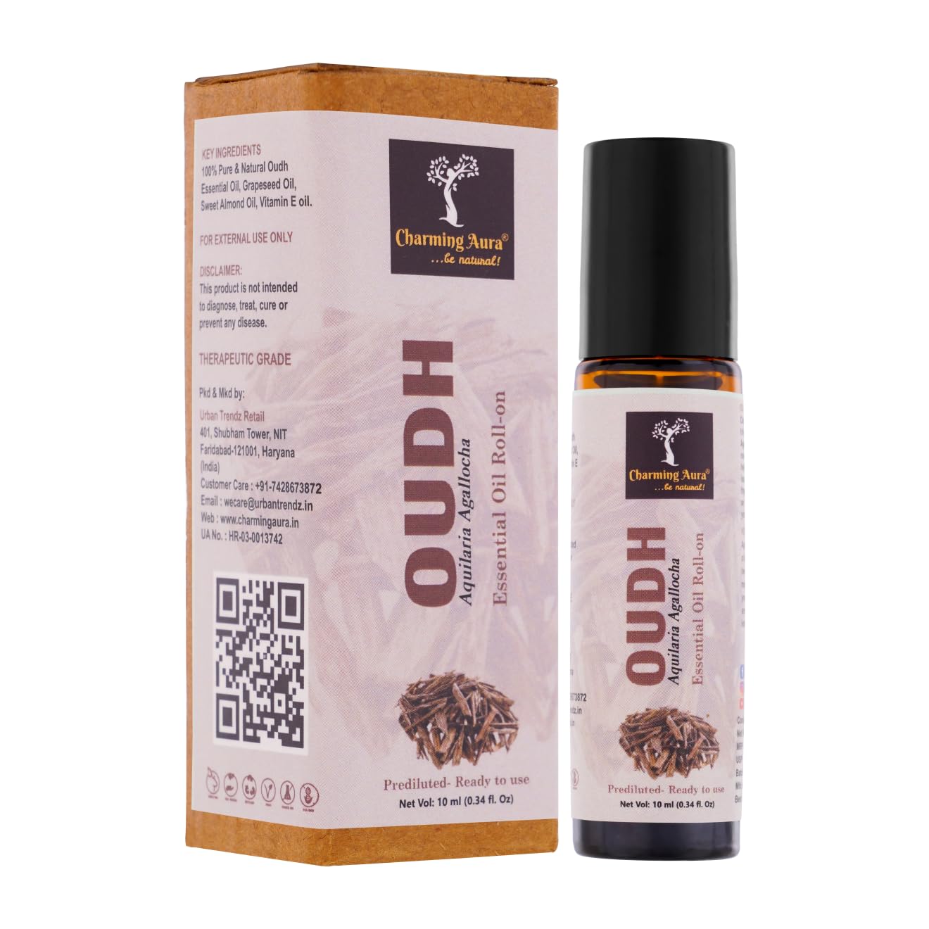 Charming Aura Oudh Essential Oil | Roll-On | Prediluted ready to use | Stress relief, Skin Care, Meditation, Yoga, Reiki healing, Enchanting Fragrance | 10ml | (Oudh Essential Oil Roll-on, Pack of 2)
