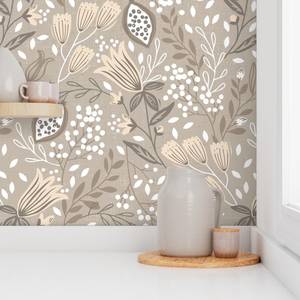 Spoonflower Peel & Stick Wallpaper 3ft x 2ft - Neutral Botanical Meadow Floral Nature Seeds Leaf Custom Removable Wallpaper