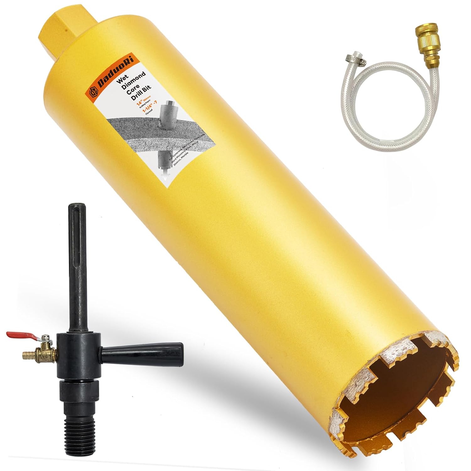 4-1/4" Wet Core Drill Bit with Water Injection Capable Adapter for SDS Max Shank - Includes Solid Brass Quick Connector and Hose - Convenient 1 1/4"-7 Thread Core Bit with Water Feed Design