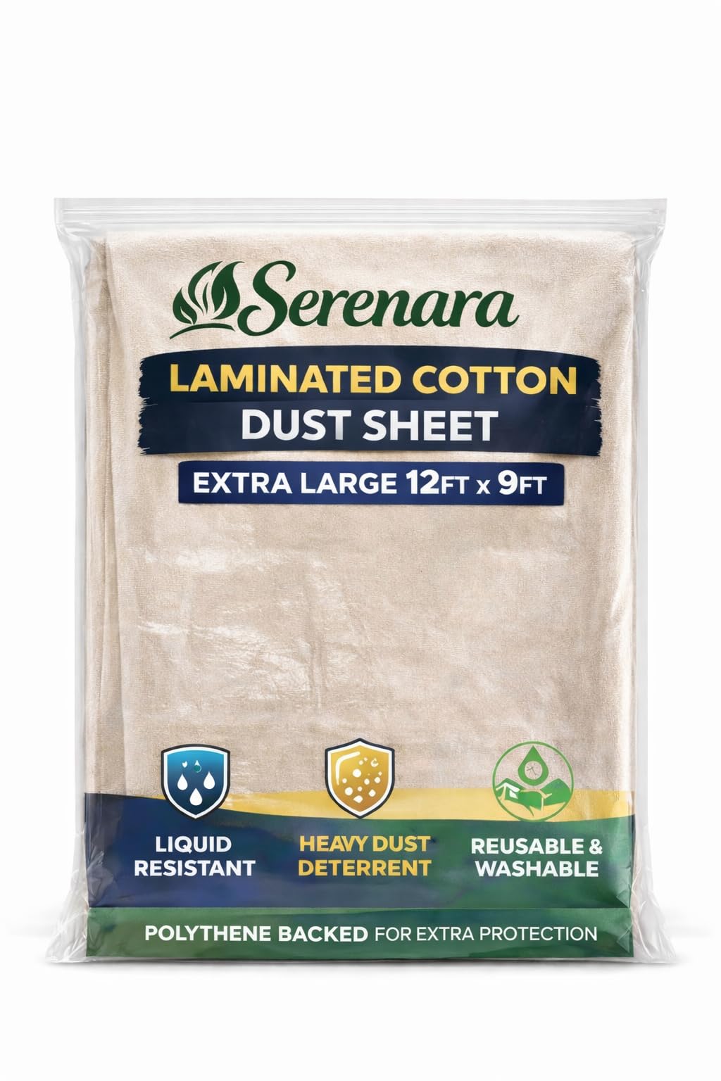 Serenara 1 X Laminated Cotton Dust Sheet For Painting & Decorating 12'X9' (3.6M X 2.7M) – Reusable Paint Drop Cloth, Furniture Cover, Protective Sheet