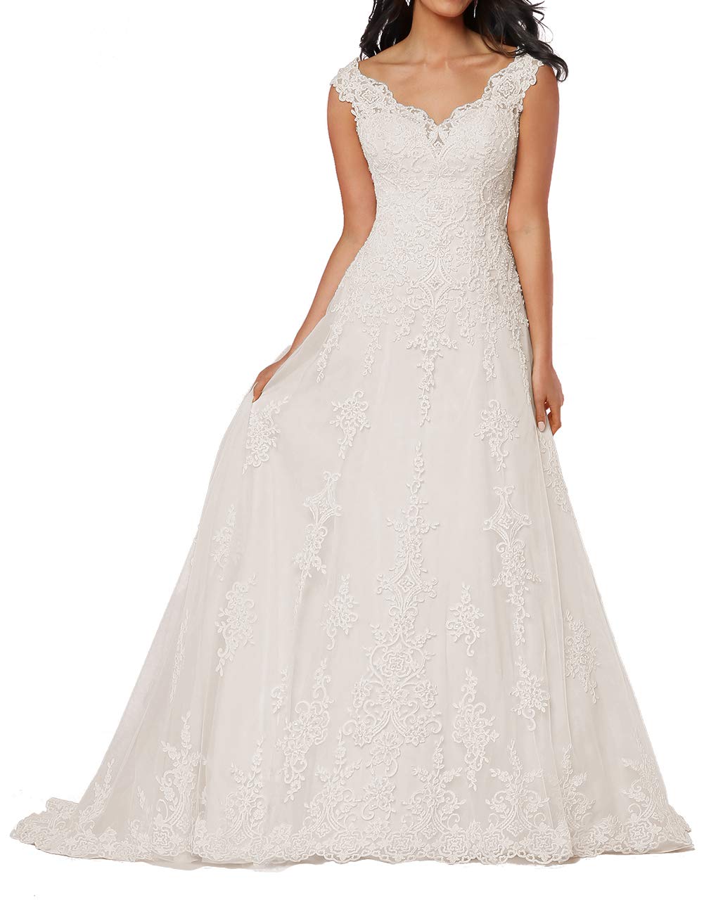 Dentelle a - Ligne sans Manches Mode Nuptiale Vintage v - Neck Robe Civile, Ivoire, 38