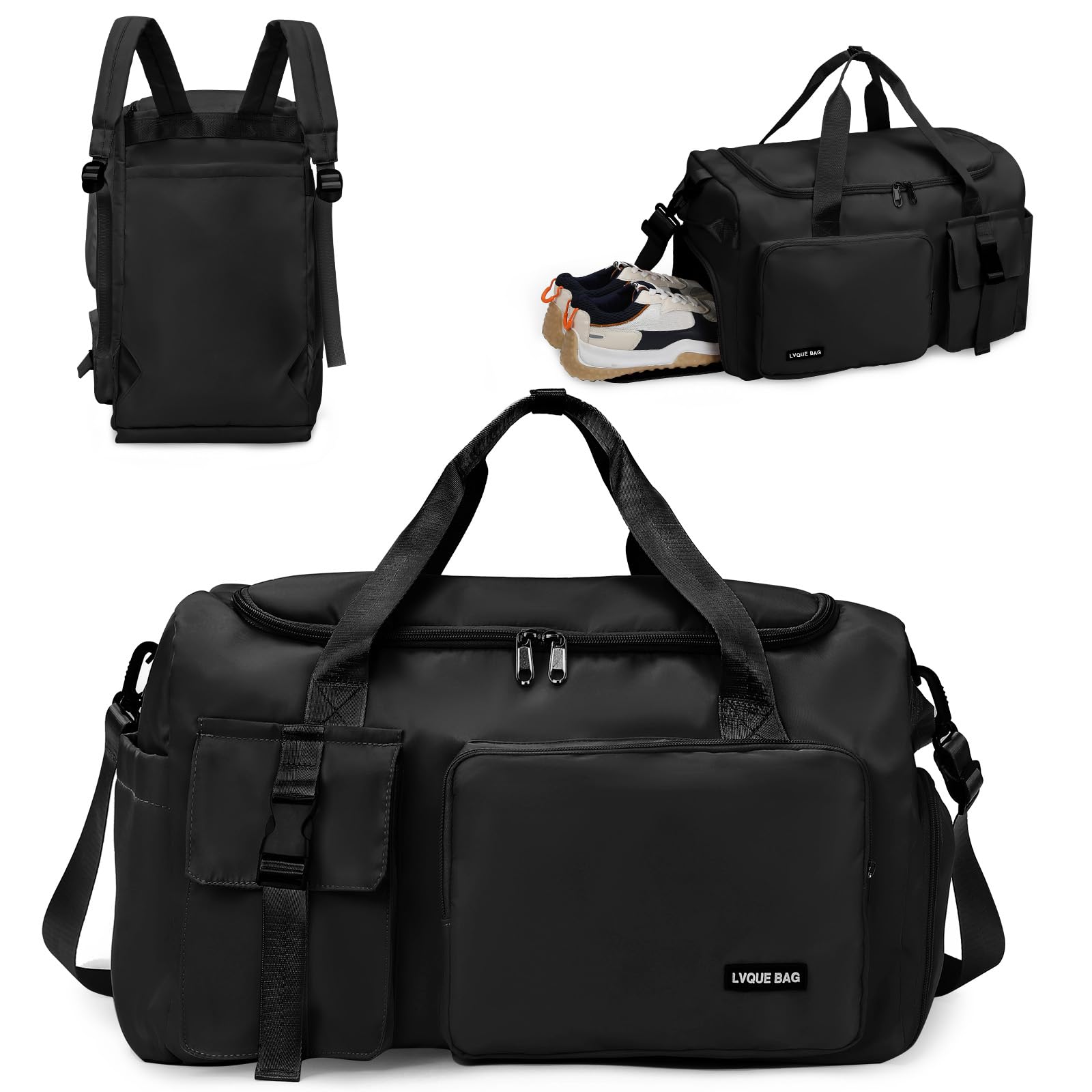 Flintronic Gym Bag, Foldable Travel Duffel Bag for Women, 42L Waterproof Overnight Carry On Bag, Sports Bag with Shoes Compartment and Wet Pocket, Large Holdall Bag for Sports and Travel, Black — image 1