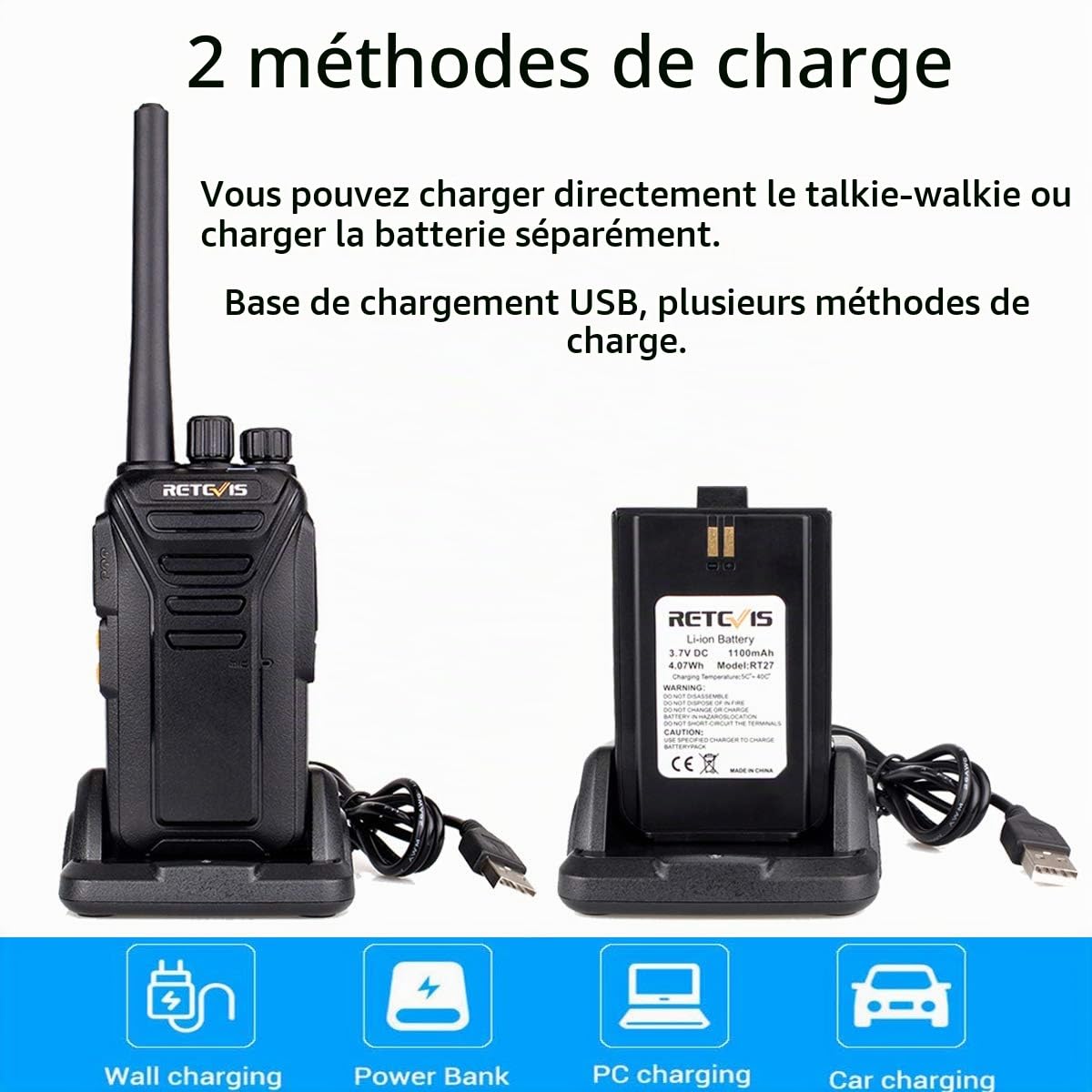 Retevis RT27 Talkie Walkie, Rechargeable avec Chargeur USB PMR446 sans Licence 16 Canaux VOX Toki Walki Professionnel pour Service de sécurité École Restaurant (Noir 5pcs)