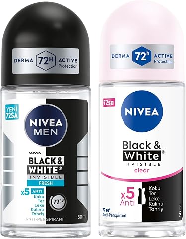 NIVEA Men Erkek Roll On Deodorant Black&White Invisible Fresh 50 ml + NIVEA Kadın Roll On Deodorant Black & White Invisible Clear 48 Saat Anti-Perspirant Koruma 50 ml