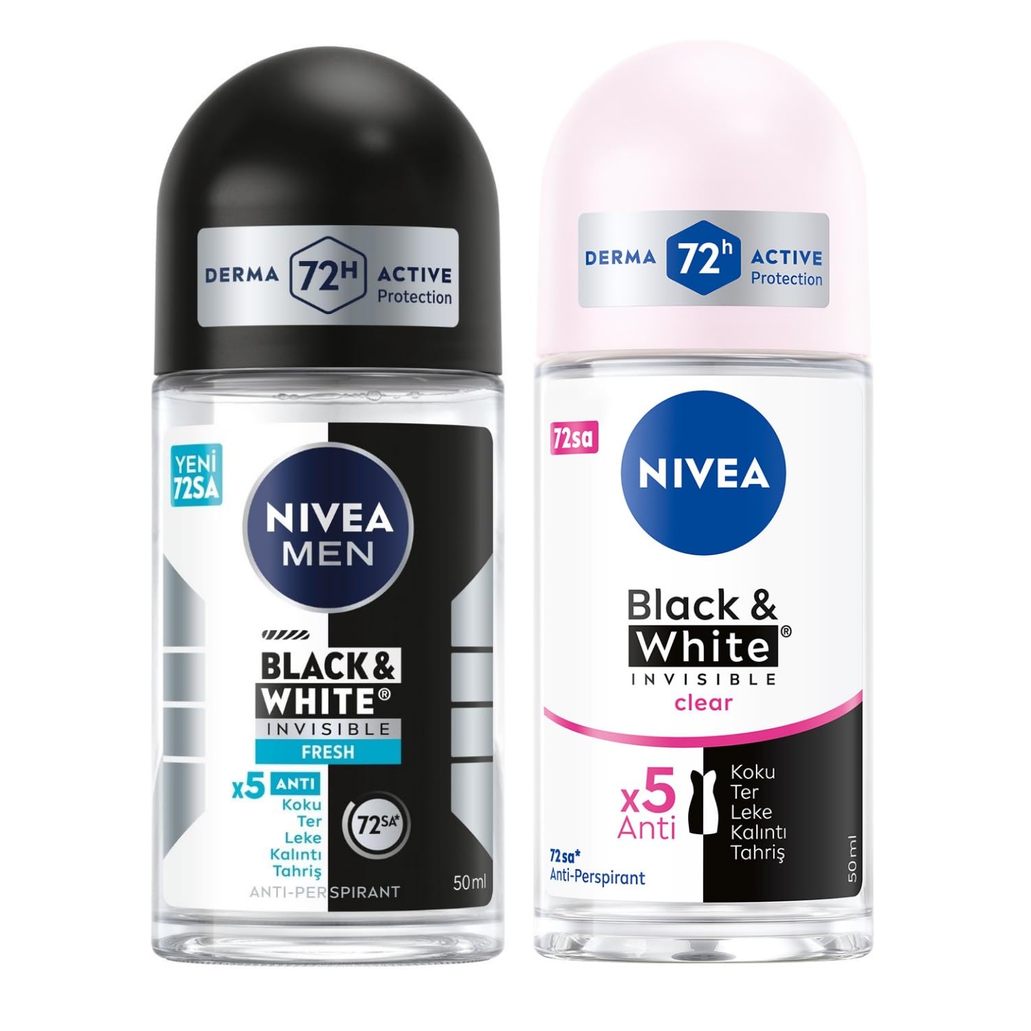 NIVEA Men Erkek Roll On Deodorant Black&White Invisible Fresh 50 ml + NIVEA Kadın Roll On Deodorant Black & White Invisible Clear 48 Saat Anti-Perspirant Koruma 50 ml