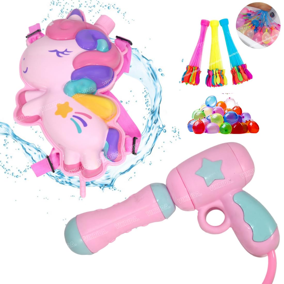 VikriDA 3D High Pressure Holi Pichkari Water Gun Toy with Back Holding Tank (3Litre), 100pcs Magic Water Balloons and 1 Pack Holi Color - Unicorn Pink (B084KZ4MKG) Amazon Price History, Amazon Price Tracker