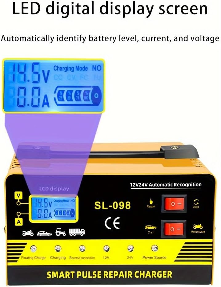 SL-098 Smart Pulse Repair Battery Charger, 12V/24V Automatic Recognition, LCD Display, High Power Intelligent Repair and Activate, for Car and Motorcycle
