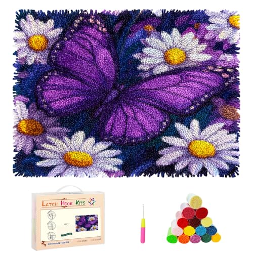 DIY Latch Hook Rug Kits Cartoon Butterfly and White Daisy Flower Stamped Non-Slip Mat Crocheting Yarn Hook and Latch Emboridery Tapestry for Home Floor Decor and Pet Warm Cushion 52x38cm(24)