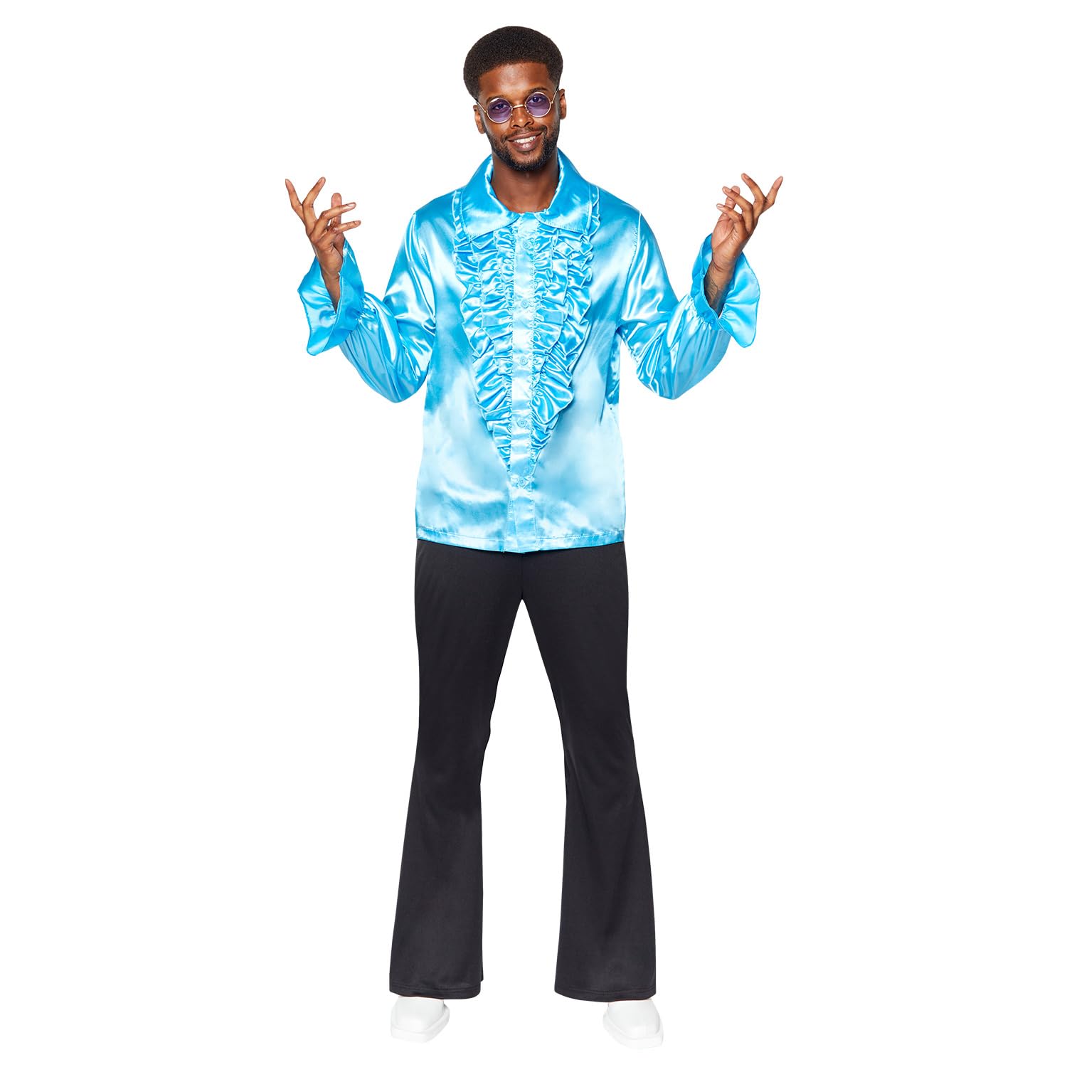 amscan 9918528 - Men's 1970's Blue Satin Ruffle Shirt Adults Fancy Dress Costume Chest Size: 42"