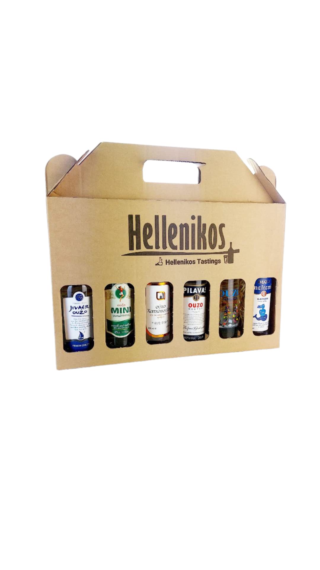 Hellenikos Ouzo Tasting Set - 6x 200ml Anis Trester Schnaps aus Griechenland in schöner Geschenk Box mit Tragegriff - Probier Box