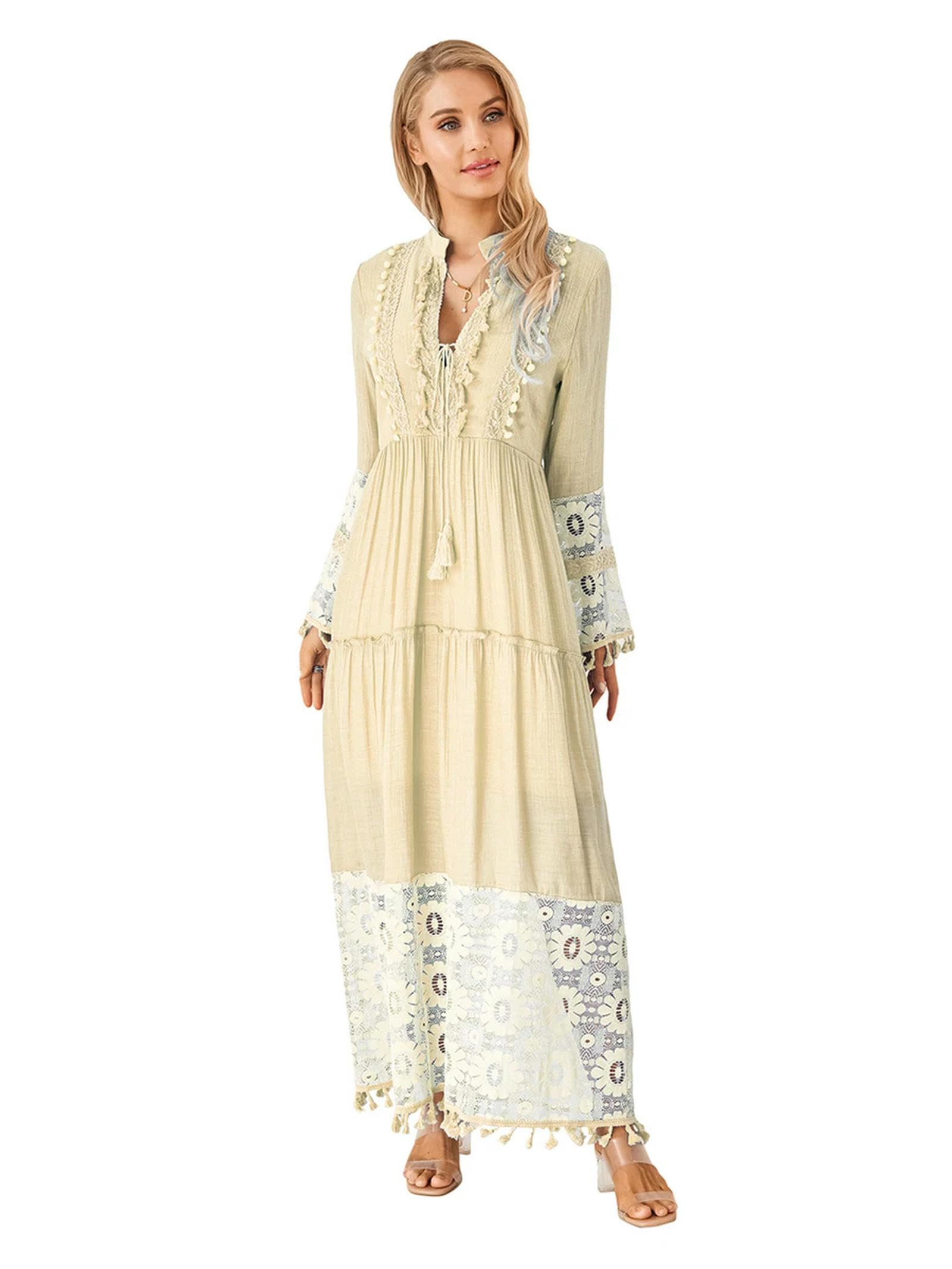 Vestido de Mujer Manga Larga Cuello Cuadrado Volantes Florales Swing A Line.-3-Azul-M