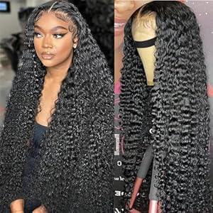 Amskdum 13×6 Deep Wave Lace Front Wigs Human Hair 180% Density Glueless HD Transparent Lace Front Wigs Human Hair Pre Plucked with Baby Hair Deep Curly Wigs Human Hair for Women Natural Color(26 Inch)