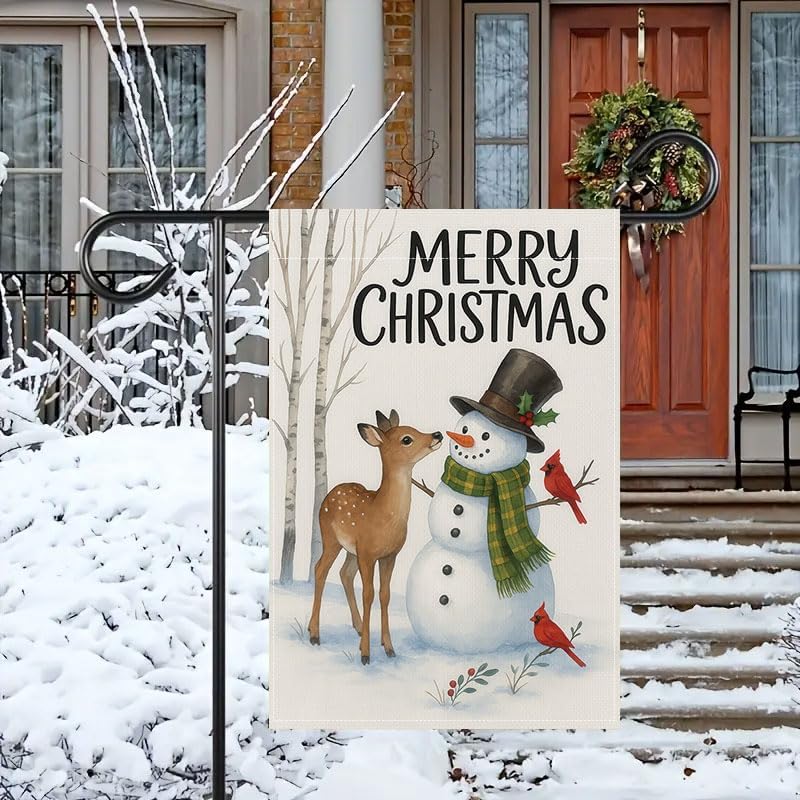 Miniatura 2 de Bandera de jardín de Navidad de 12 x 18 pulgadas, muñeco de nieve de Feliz Navidad con pancarta de ciervo y cardenal, bandera de invierno para patio