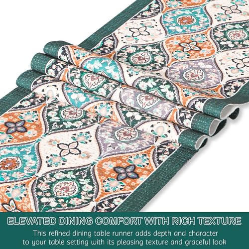 Image of Heart Home Velvet 13x72 Inch Table Runner for Home Decor | 6 Seater Dining Table Place Mat Elegant Soft Feel /Machine Washable | Pyramid 1348 - Cream & Green