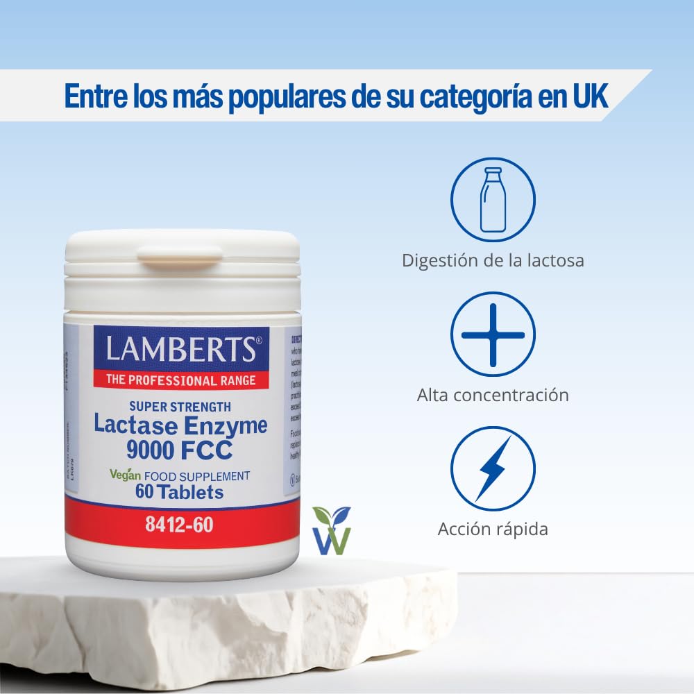 Lamberts Enzima Lactasa 9000 FCC | 60 Tabletas | Apto para Veganos | Sin Gluten | Sin OGM | Super Strength | Para Intolerancia a la Lactosa | Tomar Antes de Lácteos | Calidad Farmacéutica GMP