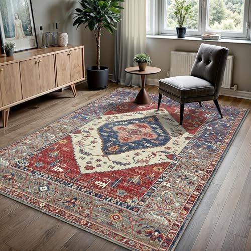 GLN Rugs Salur, alfombra bohemia 6x9 ft roja lavable miniatura 1