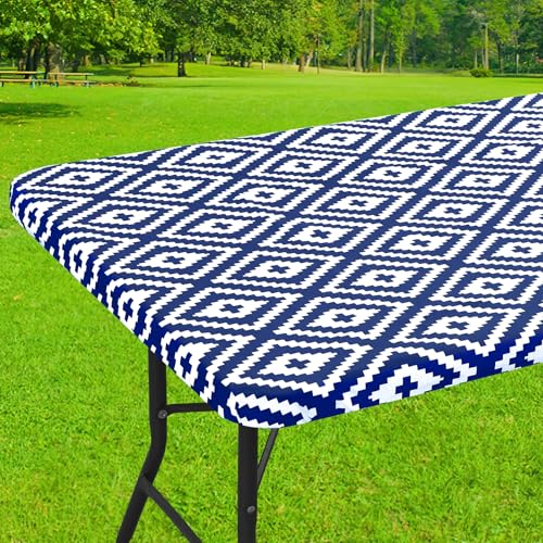 Smiry Rectangle Table Cloth Cover, Waterproof Elastic Fitted Picnic Tablecloth for 6 Foot Tables, Wipeable Flannel Backed Vinyl Tablecloths for Camping, Dining, Outdoor (Navy, 30" x 72")