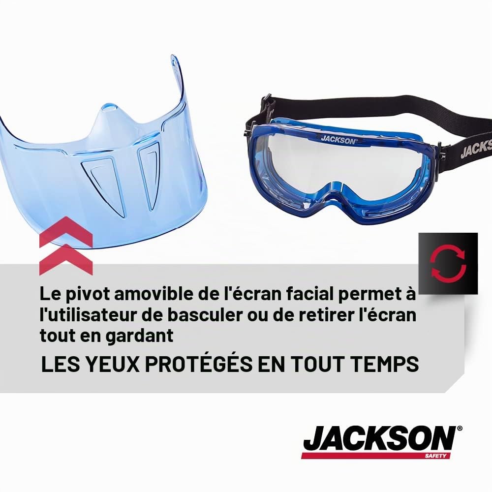 Jackson Safety GPL500 Lunettes de sécurité de qualité supérieure avec visière amovible, bleu, verres de protection transparents, anti-buée EN 166 CE 21000