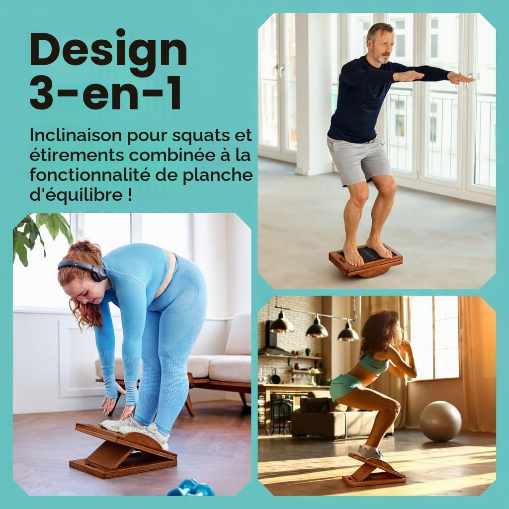 ZocoSquat - Planche d'équilibre et d'inclinaison en bois pour adultes - Rouge - 2 en 1 : planche inclinée et d'équilibre - Réglable - Antidérapante - Solide