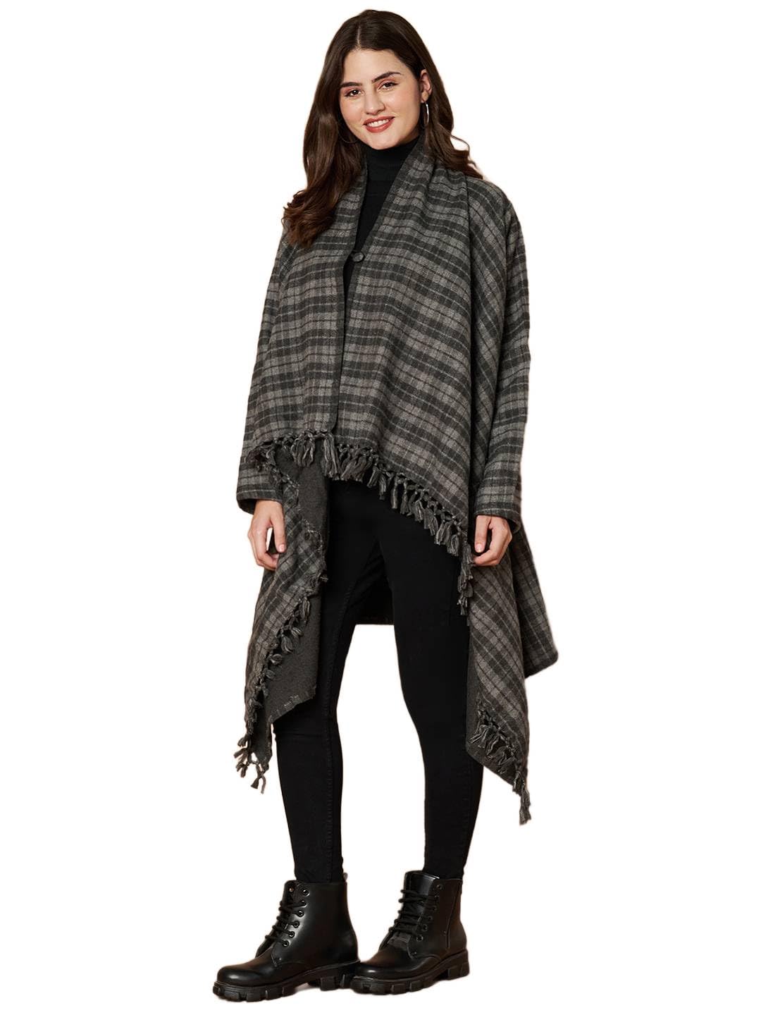 zamour Women's Checkered Weave Woolen Cape, Full Sleeves Woven Shrug Top, One Size Fits All (Medium to Extra Large)-picture-37