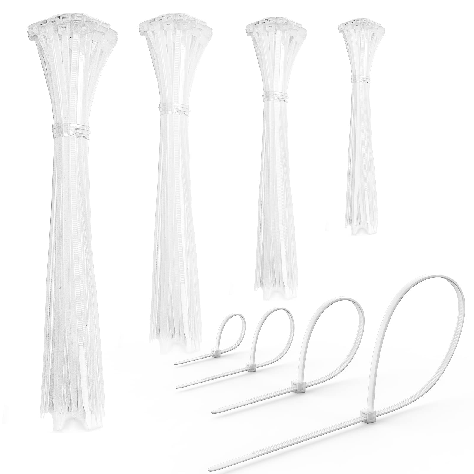 200 Stück Kabelbinder Weiß Set,100/150/200/300 mm(je 50 Stück),Highwings Nylon Verschiedene Größen Super Haltbar Selbsthemmend Kabelbinder für Kabelmanagement, Gartenarbeit, Wohnen und Werkstätten