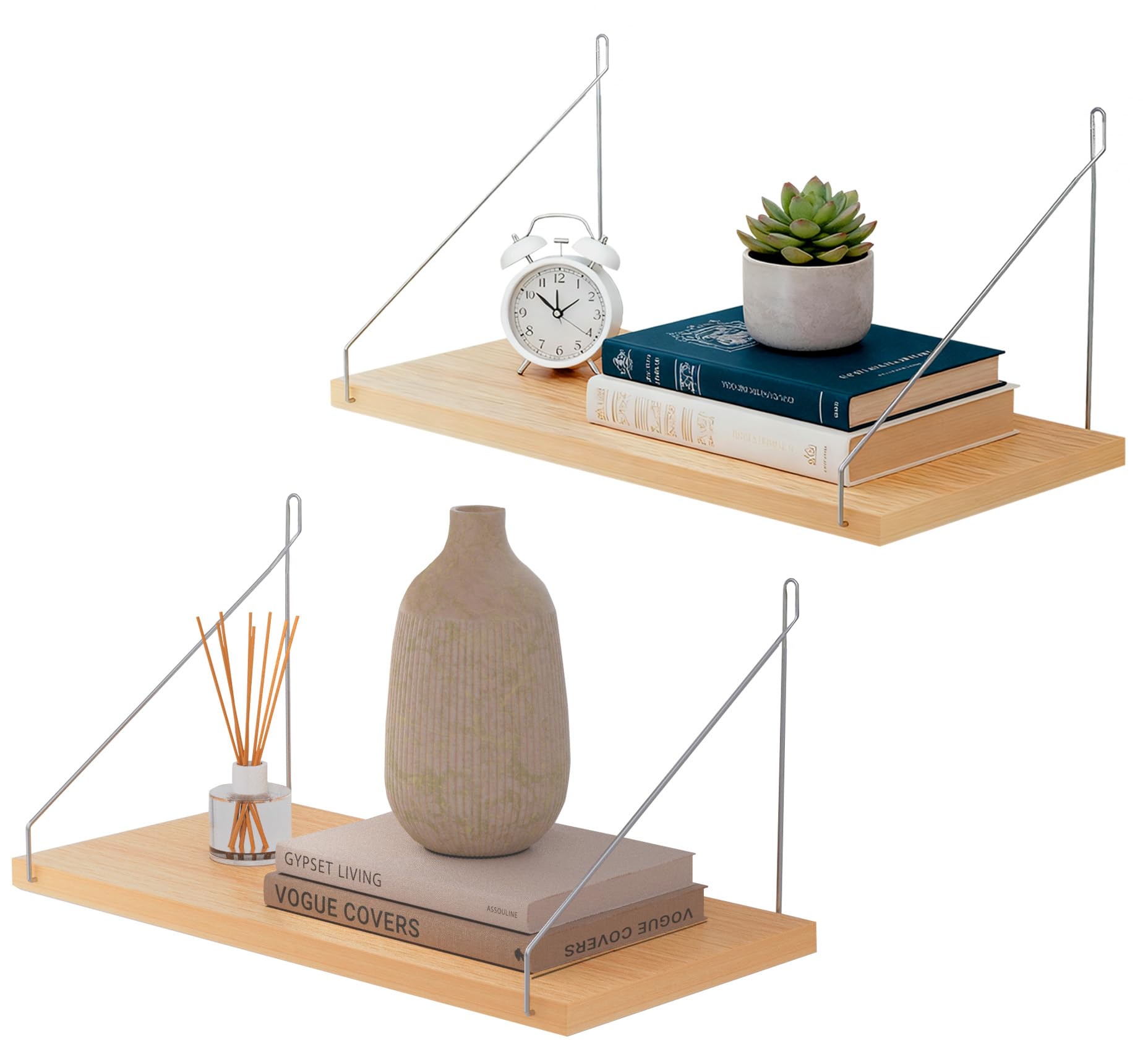 Étagère murale bois lot de 2 avec crochets amovibles pour déco