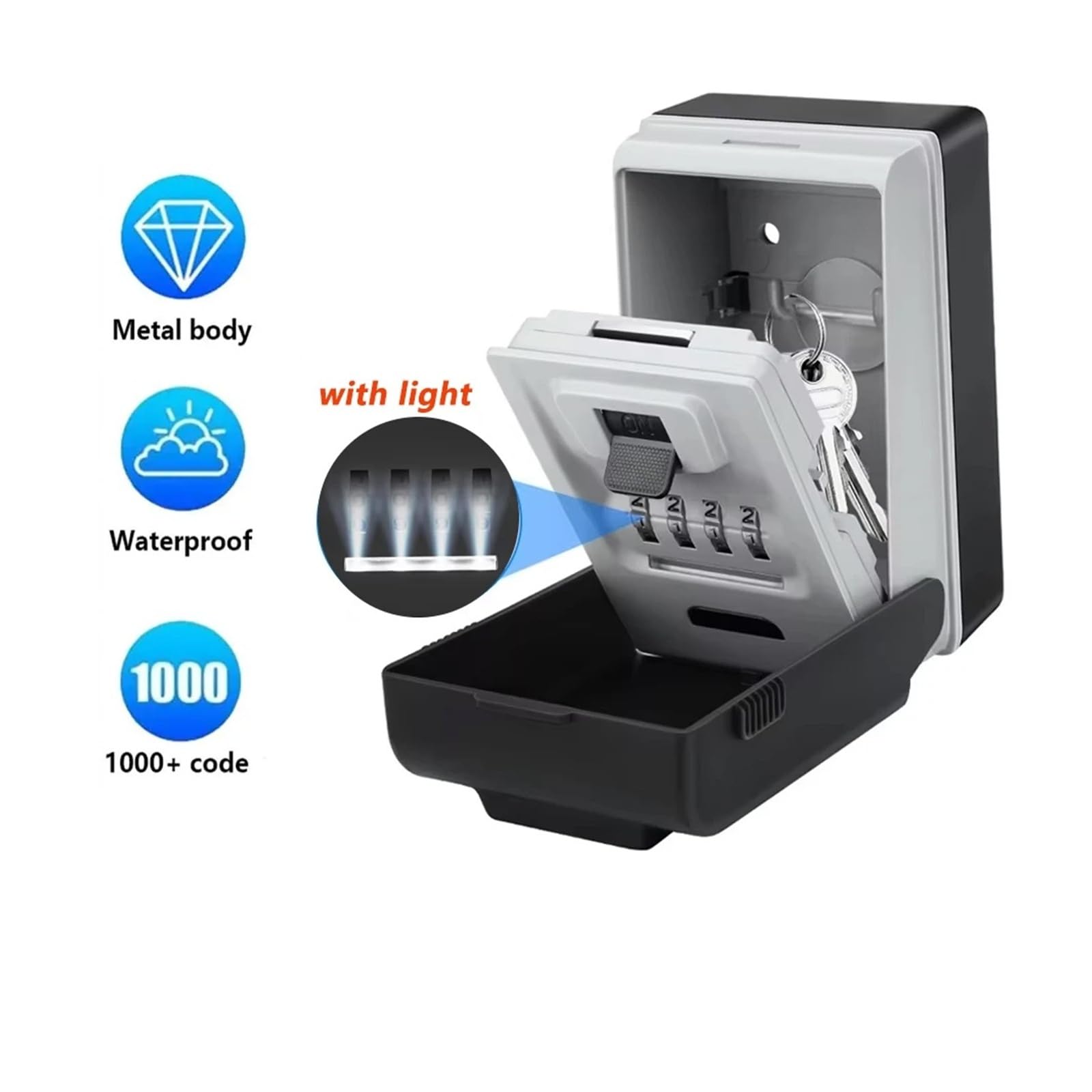 Boîte à clés en métal avec mot de passe et éclairage LED, fixation murale, grande capacité, boîte de rangement étanche à 4 chiffres
