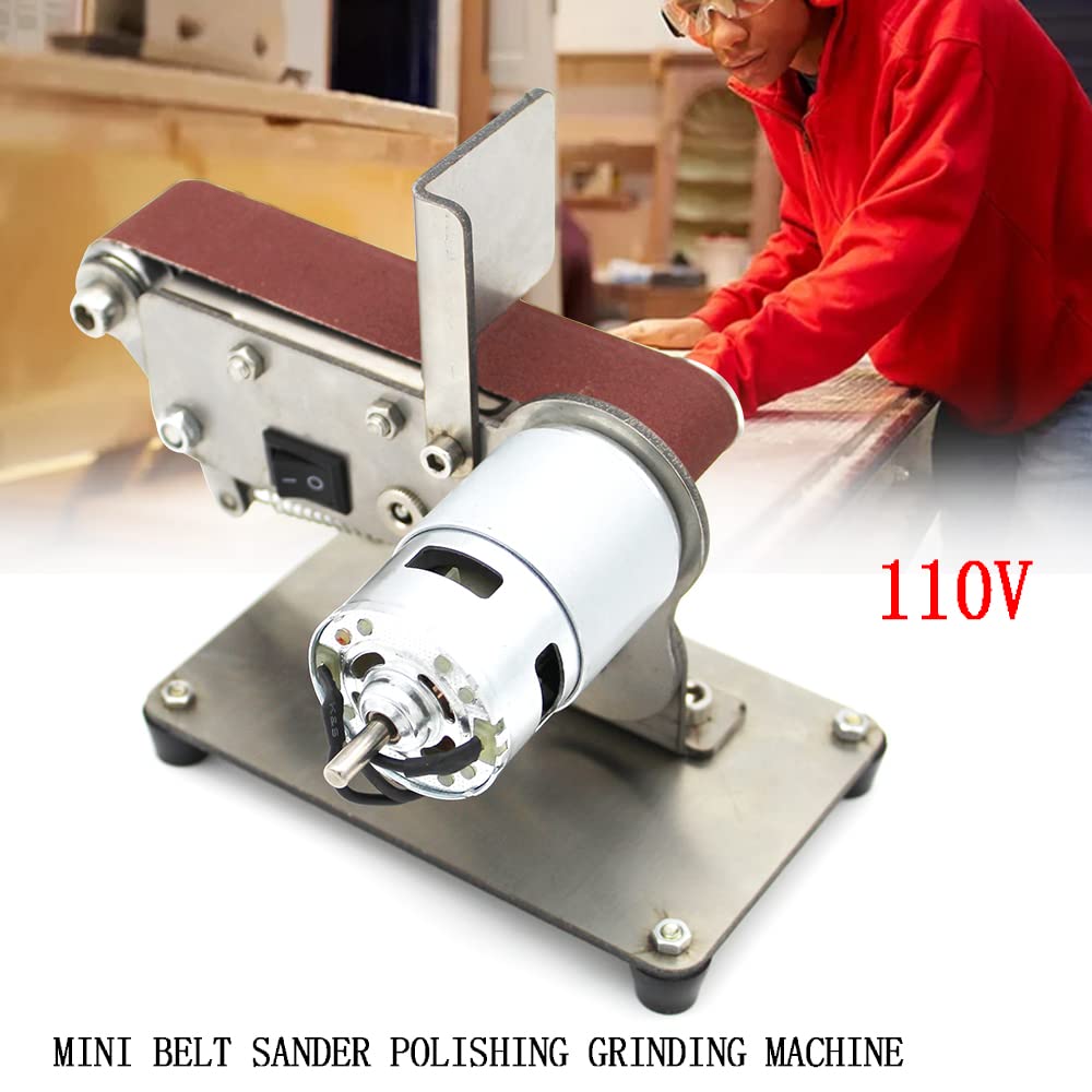 OUKANING Elektryczna szlifierka taśmowa 200 W, Mini Band Sander z regulacją 0-65° i 7-biegową regulacją (do 9000 obr./min), w zestawie 10 taśm szlifierskich do obróbki drewna/metalu, zmontowana