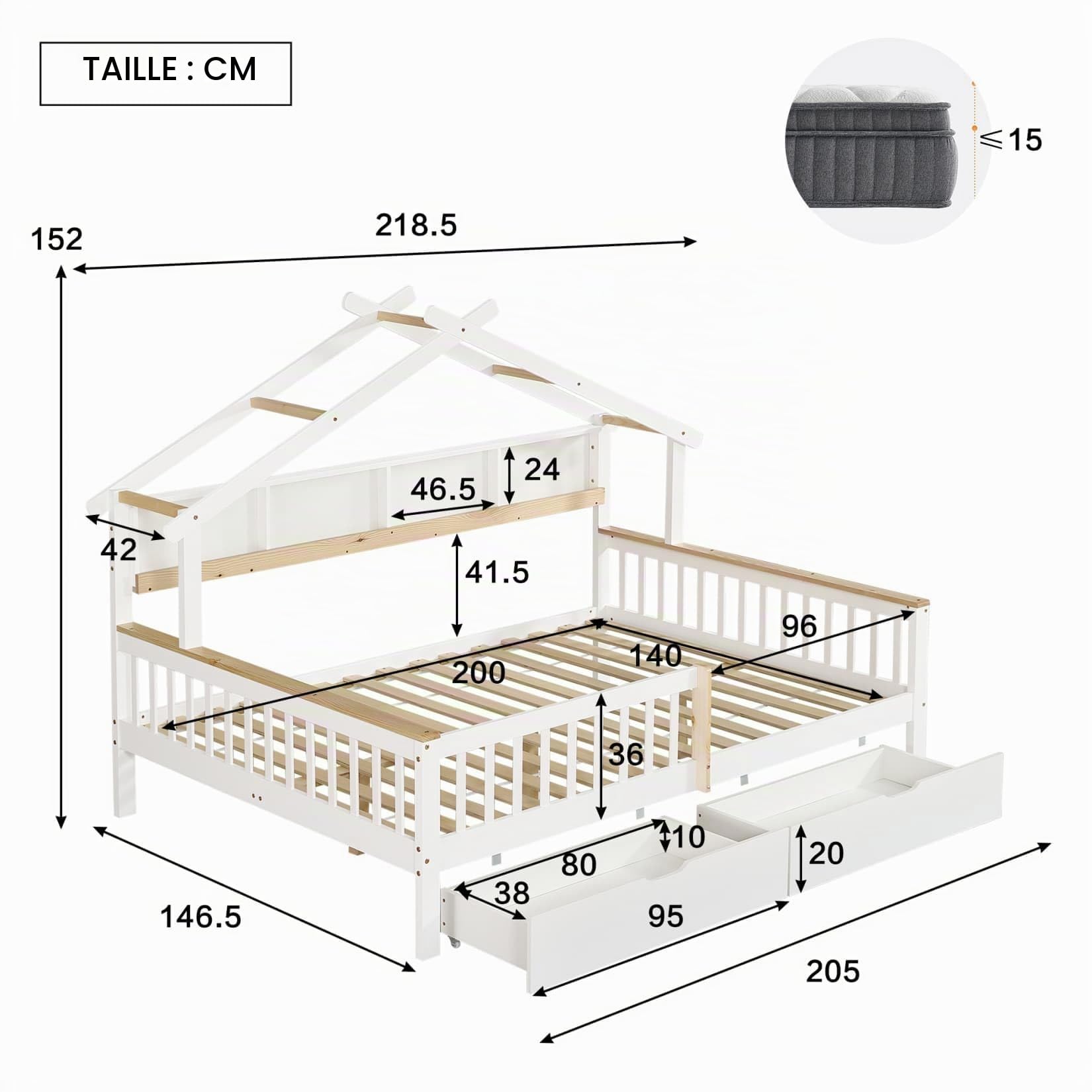 PUGSDRLY Lit Enfant 140x200cm avec 2 Tiroirs sur roulettes,Lit Cabane Enfant avec Barrières et Compartiments de Rangement,Cadre en Pin avec Sommier à Lattes,sans Matela