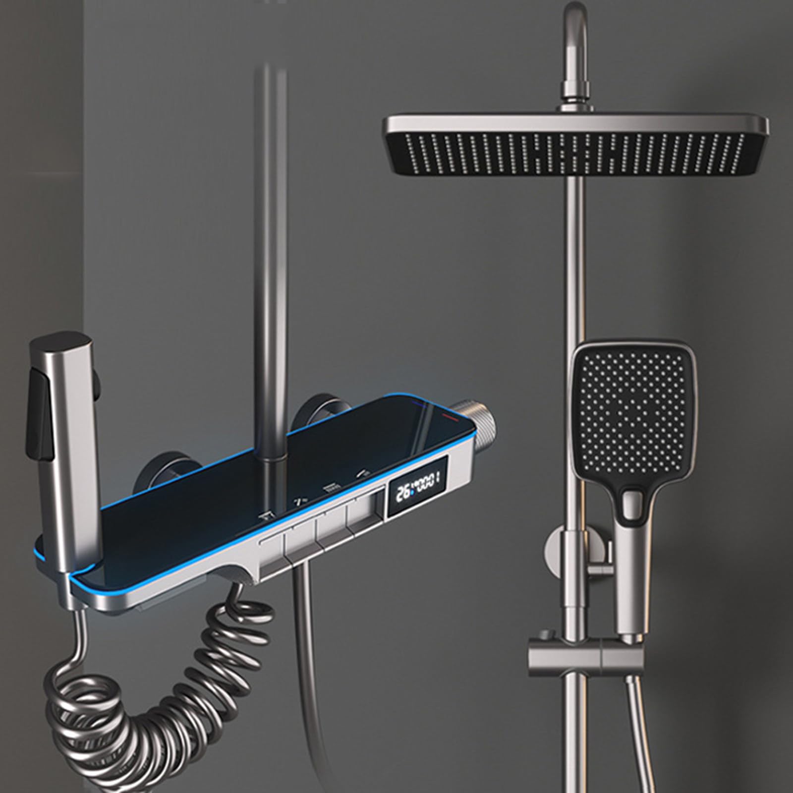 Set Doccia termostatico a 4 funzioni con Rubinetto e Display Digitale, soffione da 12", doccetta, doccetta per Bidet, beccuccio per Vasca, Grigio