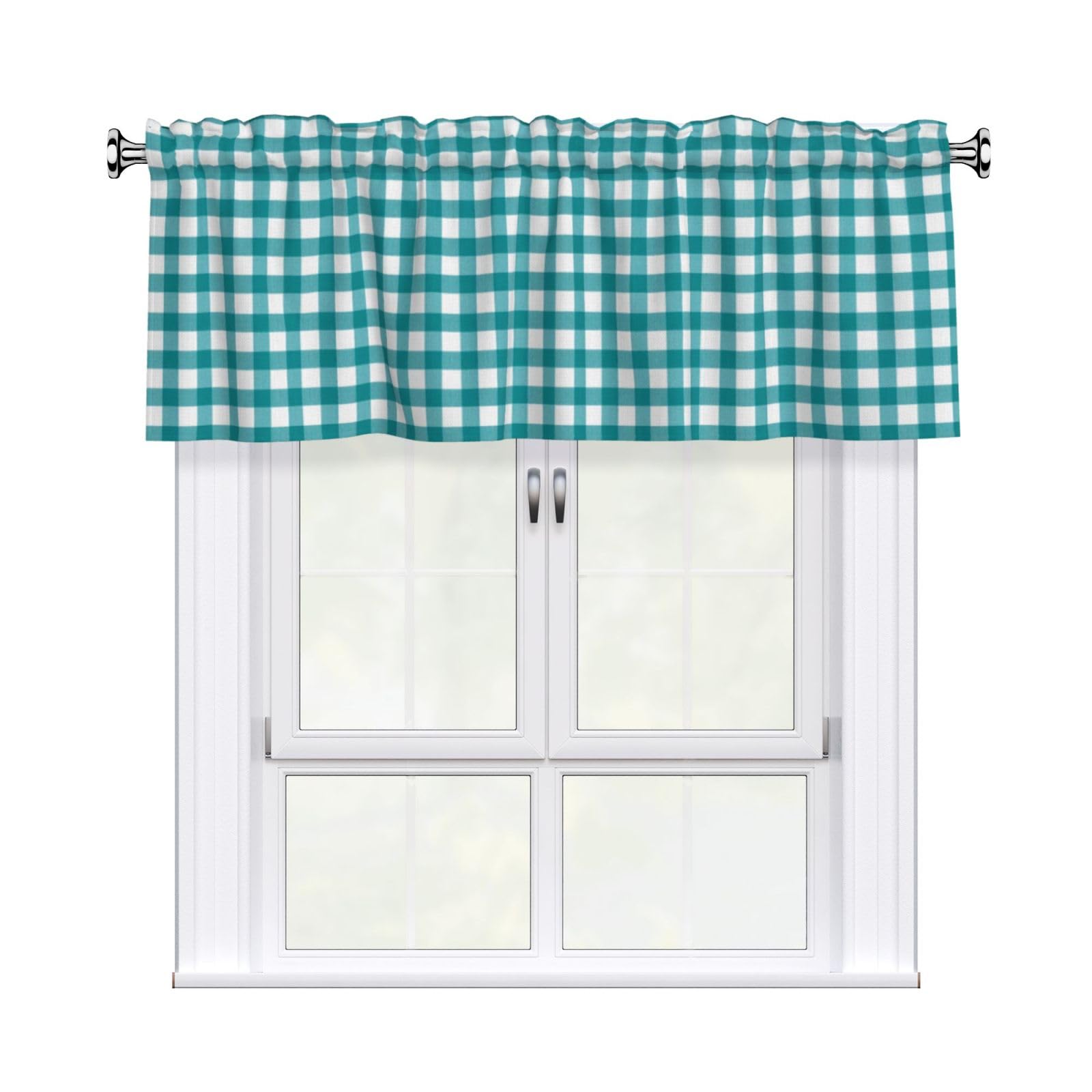 Woshuwo Teal White Checkered Valances For Windows Rod Pocket Window Treatment Short Curtains For Kitchen Living Room Bedroom Decor 54x18in