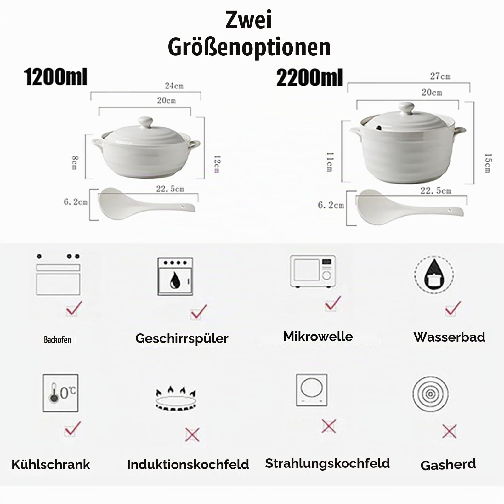 YLME Auflauf mit Deckel Tontöpfe zum Kochen spülmaschinenfester Tontopf für gedünstete Reisbohnen porenfreie Oberfläche kein Einweichen erforderlich,1200ml