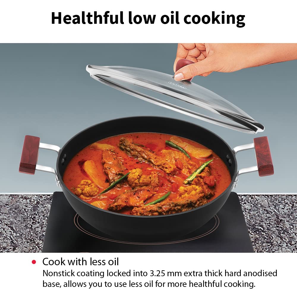 Hawkins Futura 2.5 Litre Deep Kadhai, Nonstick Kadai with Glass Lid, Flat Bottom Induction Kadhai, Deep Fry Pan, Black (INDK25G) 2