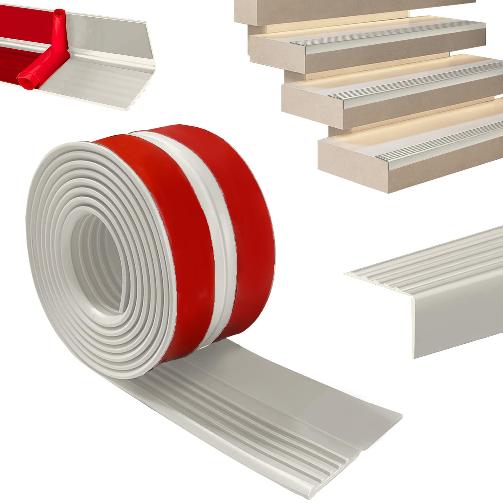 Nez de marche autocollant 8 m, profilé de transition antidérapant, protection des nez de marche, en caoutchouc flexible, pour l'extérieur et l'intérieur, gris
