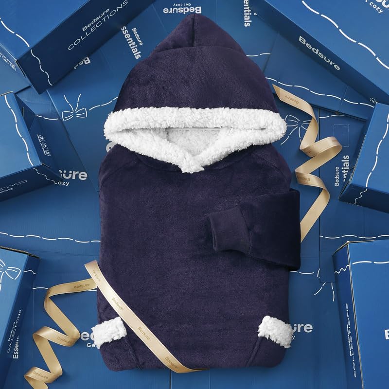 Image of Bedsure Wearable Blanket Hoodie, Long Hooded Blanket Sweatshirt as Birthday Gifts for Women, Cozy Sherpa Hoodie for Adult, Small, Dark Purple