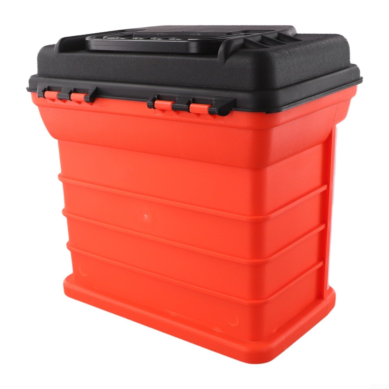 Caja de aparejos de pesca, estuche de almacenamiento portátil de 4 capas con mango de asiento plegable, cerraduras gruesas para carretes de líneas de engranaje, negro (naranja)
