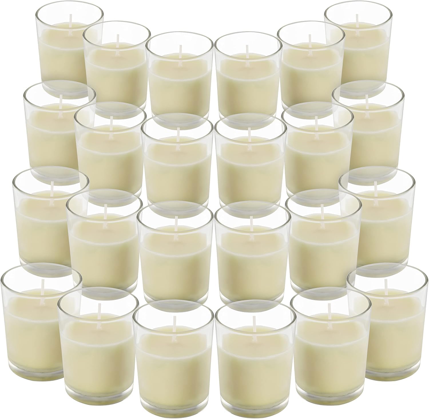 Belle Vous Unscented Clear Glass Filled Votive Candles (24 Pack) - 12 Hour Burn Time - Clear Glass Holders with Hand Poured Warm White Wax Candles - Ideal for Weddings, Spas, Aromatherapy & Home Decor