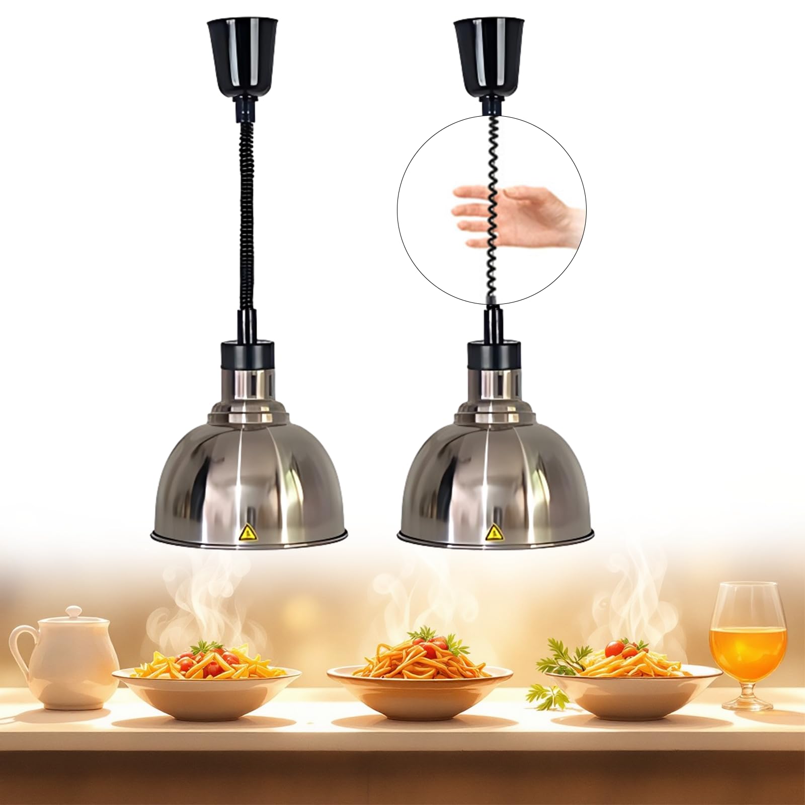 Lampada Riscaldante per Alimenti, 250W Lampade Scaldavivande Cucina Regolabile, Lampade Riscaldante Cucina Sospeso 19 cm/25 cm per Ristoranti, Hotel a Buffet (Acciaio inossidabile-25cm,2 Pezzi)