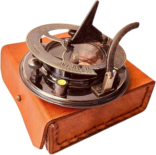 ALADEAN Reloj de reloj de sol de latón vintage, brújula náutica antigua, reloj de reloj de sol en caja de regalo de cuero de recuerdo, reloj de sol