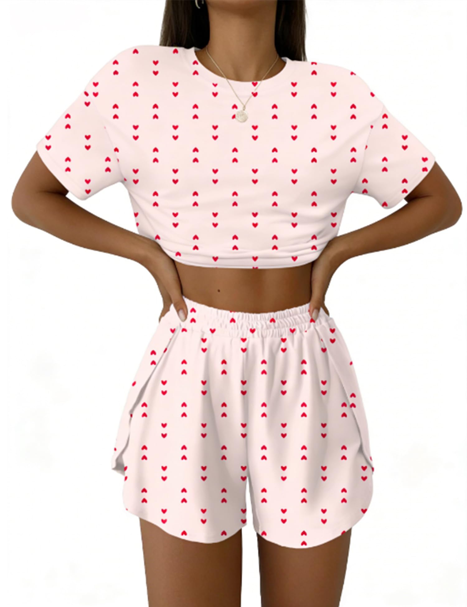 IECCP Schlafanzug Damen Kurz Pyjama Kurzarm Pyjamas Set Nachtwäsche Set Zweiteiliger Sommer Loungewear Sleepwear Hausanzug Weißes Herz S