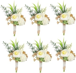 Ansofi Set of 6 Boutonniere for Best Men Groom Groomsmen Buttonholes for Wedding Party Prom Decoration (Ivory White)