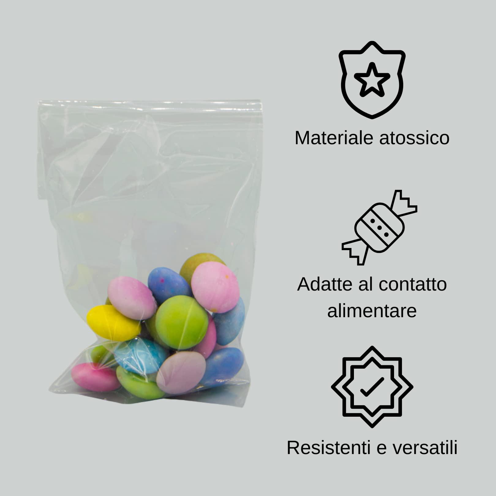 Decora 0855040 10 transparante plastic voedselzakken met harde kartonnen bodem, 75 40 x 220 H mm, voor het verpakken van lekkernijen, koekjes en lekkernijen