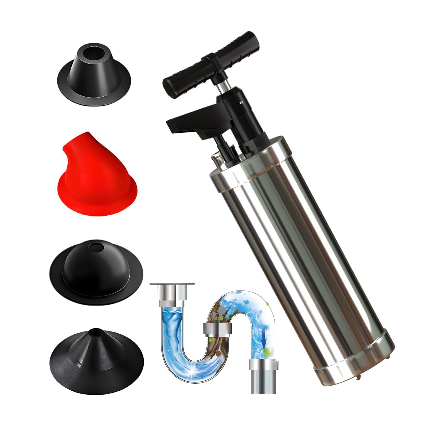 Sturalavandini a Pressione Pompa Stura Scarichi a Pressione Stantuffo Stura WC ad Aria Compressa con Barometro, 4 Teste Sostituibili, per Vasca da Bagno, Cucina, Bagno