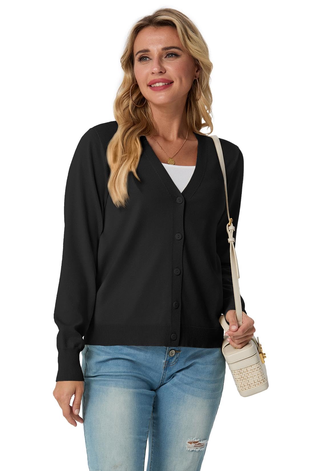 GRECERELLE Damen Leichte Strickjacke mit V-Ausschnitt und Knöpfen Cardigan Damen Lässig Eleganter Sommer Frühling Herbst Weiche Jacke über Top Kleid