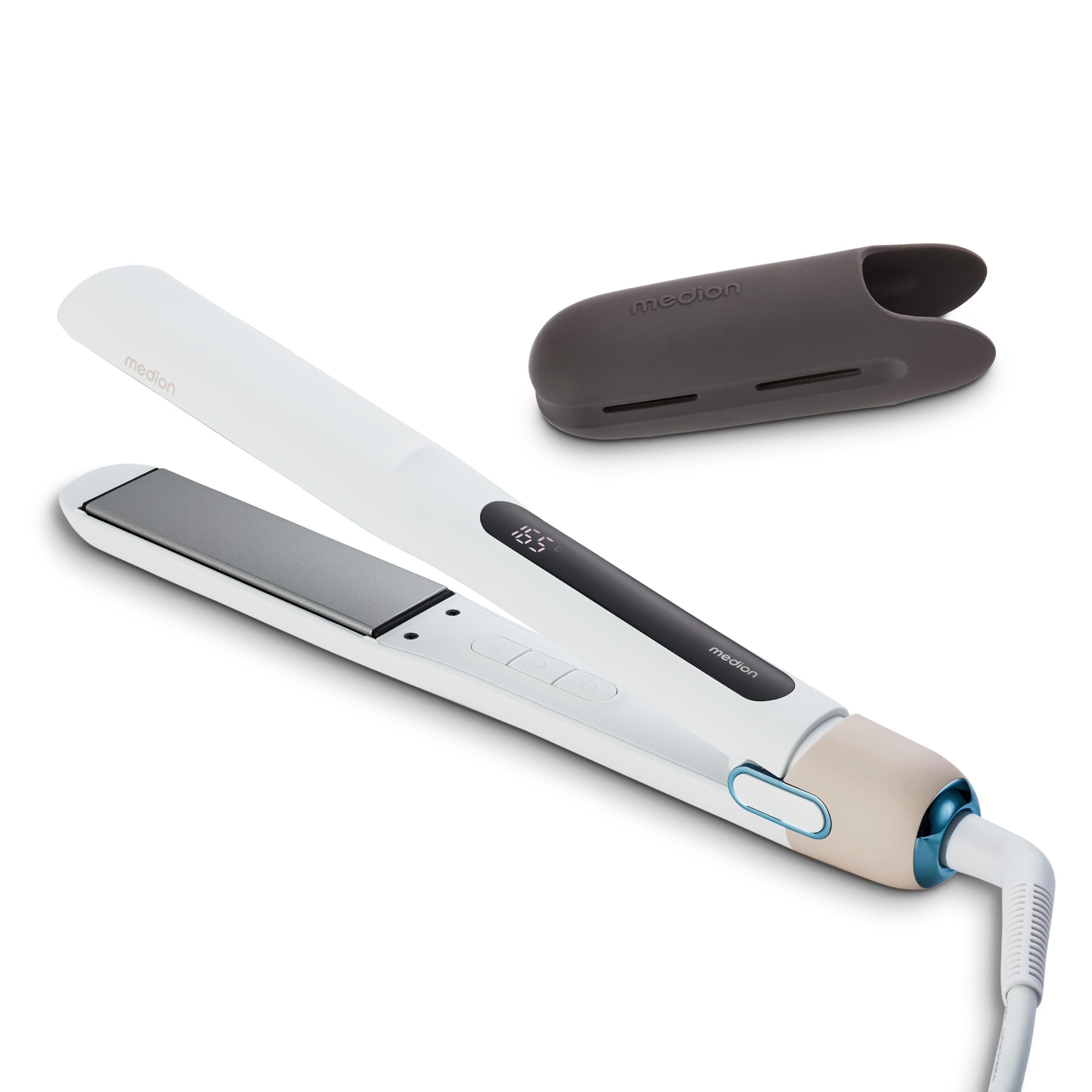 MEDION HS1 Plancha de pelo con pantalla (5 posiciones de calor ajustables, placas flexibles de cerámica/turmalina con sensor de temperatura, plancha de pelo) blanco en oferta en Amazon