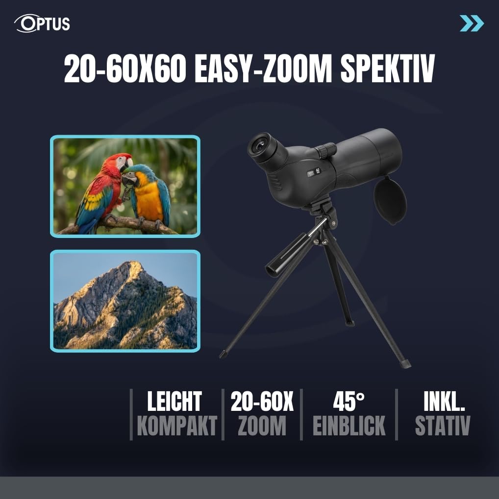 Optus Spektiv 20-60x60 Zoom Monokular Fernrohr mit Stativ, 45° Einblick, Twist-up-Augenmuschel, Teleskop für unterwegs Reisen Vogelbeobachtung